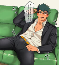 Rule 34 | 1boy, bara, blush, bulge, bursting pectorals, collared shirt, couch, erection, erection under clothes, feet out of frame, glasses, green hair, hand on own head, highres, looking at viewer, male focus, nnn nishi, on couch, original, partially unbuttoned, pectoral cleavage, pectorals, salaryman, shirt, short hair, smile, solo, spread legs, toned, toned male, translation request