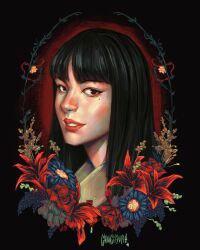Rule 34 | 1girl, artist name, black background, black eyes, black hair, commentary, english commentary, flower, grungesniper, highres, kawakami tomie, lipstick, looking at viewer, makeup, mole, mole under eye, portrait, simple background, solo, tomie