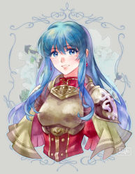 Rule 34 | 1girl, armor, artist name, blue eyes, blue hair, breastplate, capelet, earrings, eirika (fire emblem), fire emblem, fire emblem: the sacred stones, highres, jewelry, liefe, long hair, looking at viewer, nintendo, shirt, smile, solo, upper body