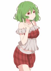 Rule 34 | 1girl, adapted costume, bad id, bad pixiv id, bare shoulders, bra strap, commentary, cowboy shot, frills, green eyes, green hair, hair between eyes, hand up, highres, index finger raised, kazami yuuka, looking at viewer, midriff peek, off-shoulder shirt, off shoulder, plaid, plaid shirt, plaid shorts, red shirt, red shorts, shirt, short hair, shorts, simple background, smile, solo, standing, symbol-only commentary, touhou, white background, yukome