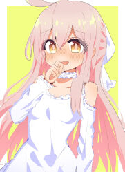 Rule 34 | 1girl, :d, ahoge, bare shoulders, blush, breasts, brown eyes, choker, clothing cutout, commentary, cowboy shot, dress, english commentary, eyes visible through hair, frilled choker, frilled dress, frills, hair between eyes, hair ribbon, hand to own mouth, highres, long hair, long sleeves, looking at viewer, namamugi2345, onii-chan wa oshimai!, open mouth, oyama mahiro, pink hair, ribbon, shoulder cutout, simple background, small breasts, smile, solo, white choker, white dress, white ribbon, yellow background