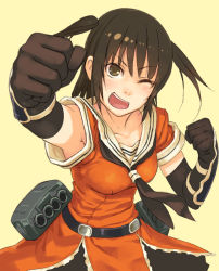 Rule 34 | 1girl, :d, armpit peek, black gloves, black neckerchief, blush, bracer, breasts, cannon, clenched hands, dress, elbow gloves, gloves, kantai collection, looking at viewer, machinery, medium breasts, neckerchief, one eye closed, open mouth, orange dress, sailor collar, school uniform, sendai (kancolle), serafuku, short hair, short sleeves, simple background, smile, solo, standing, two side up, upper body, yellow background, yuuji (and)