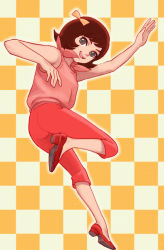 Rule 34 | 1960s (style), 1girl, blue eyes, bow, brown hair, checkered background, female focus, full body, hair bow, image sample, lafolie, mach go go go, oldschool, over shoulder, pink shirt, pinup (style), pixiv sample, red footwear, resized, retro artstyle, running, shimura michi, shirt, shoes, short hair, solo