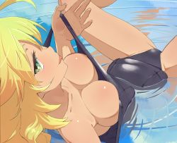 Rule 34 | 1girl, ahoge, arm support, bare shoulders, blonde hair, blush, breasts, cleavage, downblouse, from above, green eyes, highres, hoshii miki, idolmaster, idolmaster (classic), large breasts, long hair, lying, nipple slip, nipples, on back, one-piece swimsuit, partially submerged, pulling own clothes, school swimsuit, shinjiro, smile, solo, spread legs, strap pull, swimsuit, tongue, water, wet
