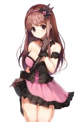 Rule 34 | 1girl, bad id, bad pixiv id, bare arms, bare shoulders, black choker, black dress, black feathers, black gloves, blush, bow, breasts, brown eyes, brown hair, choker, collarbone, commentary request, dress, feather hair ornament, feathers, flower, frills, gloves, hair bow, hair flower, hair ornament, hairband, highres, idolmaster, idolmaster million live!, idolmaster million live! theater days, kneeling, long hair, looking at viewer, medium breasts, pink flower, pink hairband, red bow, sena122773, simple background, skirt grab, smile, solo, tanaka kotoha, tristar vision, two-tone dress, white background