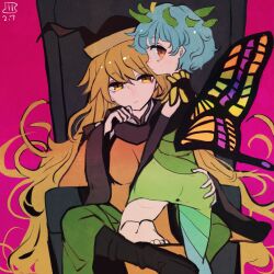 Rule 34 | 2girls, antennae, aqua hair, barefoot, black headwear, blonde hair, butterfly wings, chair, closed mouth, dated, dress, eternity larva, fairy, green dress, hand on another&#039;s ass, hat, insect wings, leaf, leaf on head, long hair, maaru (akira428), matara okina, multiple girls, one-hour drawing challenge, orange sleeves, red background, short hair, short sleeves, signature, simple background, sitting, tabard, touhou, wide sleeves, wings, yellow eyes