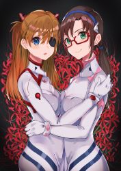 Rule 34 | 2girls, absurdres, artist request, breast press, breasts, brown hair, evangelion: 3.0+1.0 thrice upon a time, flower, glasses, green eyes, hairband, highres, hug, long hair, looking at viewer, low twintails, makinami mari illustrious, multiple girls, neon genesis evangelion, plugsuit, rebuild of evangelion, shiny clothes, sitting, smile, souryuu asuka langley, twintails, twitter username