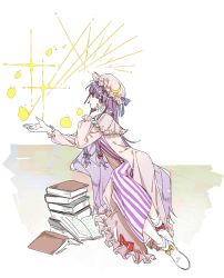 Rule 34 | 1girl, book, book stack, boots, bow, capelet, closed mouth, crescent, crescent hat ornament, dress, footwear bow, frilled capelet, frilled sleeves, frills, full body, hand on own cheek, hand on own face, hat, hat ornament, highres, leuvenklasse, long hair, long sleeves, looking at viewer, lying, mob cap, on side, open book, patchouli knowledge, pink capelet, pink dress, pink hat, purple eyes, purple hair, solo, striped clothes, striped dress, touhou, vertical-striped clothes, vertical-striped dress, very long hair, white footwear, yellow bow