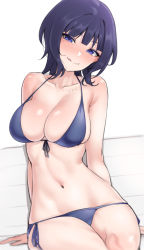 Rule 34 | 1girl, asaka karin, bare arms, bare legs, bare shoulders, bikini, black hair, blue bikini, blue eyes, blush, breasts, cleavage, closed mouth, collarbone, commentary request, commission, front-tie bikini top, front-tie top, halterneck, large breasts, licking lips, looking at viewer, love live!, love live! nijigasaki high school idol club, mole, mole on collarbone, nasuno (nasuno42), navel, side-tie bikini bottom, sitting, skeb commission, smile, solo, stomach, string bikini, swimsuit, tongue, tongue out