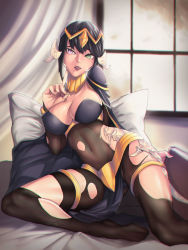 Rule 34 | 1girl, au ra, black hair, bodystocking, book, breasts, cameltoe, cape, chromatic aberration, cleavage, cosplay, covered navel, curtains, feet, final fantasy, final fantasy xiv, fire emblem, fire emblem awakening, gluteal fold, green eyes, heterochromia, highres, horns, index finger raised, large breasts, licking lips, nintendo, pelvic curtain, pillow, platinum disco, purple eyes, reclining, scales, tharja (cosplay), tharja (fire emblem), tiara, toes, tongue, tongue out, torn bodystocking, torn clothes, window