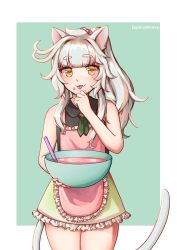 Rule 34 | 1girl, animal ears, apron, bare shoulders, black shirt, bowl, cat girl, cooking, dahlia wintra, dahlia wintra (artist), fang, food, food on face, frills, green skirt, hand up, highres, holding, holding bowl, icing, looking at viewer, messy hair, mole, mole under eye, pink apron, ponytail, scrunchie, shirt, skin fang, skirt, solo, tail, thick eyebrows, thighs, tomopulse, tongue, tongue out, virtual youtuber, white hair, yellow eyes