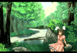 Rule 34 | 1girl, animal ears, bad id, bad pixiv id, black hair, carrot, female focus, forest, inaba tewi, letterboxed, nature, outdoors, rabbit ears, scenery, shimizu629, short hair, sitting, sky, solo, touhou, water, you (pixiv249955), you (shimizu)