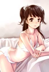 Rule 34 | 1girl, bad id, bad pixiv id, bed sheet, black hair, bow, bra, breasts, brown eyes, cleavage, collarbone, hair bow, long hair, looking at viewer, original, panties, pvmivs, small breasts, solo, two side up, underwear, underwear only, white bow, white bra, white panties