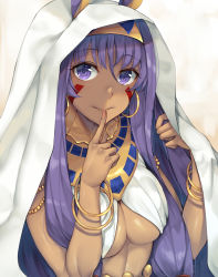 Rule 34 | 1girl, animal ears, bangle, bare arms, bracelet, breasts, closed mouth, commentary request, dark-skinned female, dark skin, earrings, egyptian clothes, facepaint, fate/grand order, fate (series), finger to mouth, fingernails, hairband, highres, hoop earrings, index finger raised, jewelry, long hair, looking at viewer, medium breasts, neck ring, nitocris (fate), purple eyes, purple hair, rabbit ears, rinarisa, smile, solo, two-tone hairband, under covers, underboob, upper body, very long hair