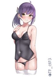 Rule 34 | 1girl, ahoge, alternate costume, black camisole, black hair, black panties, blush, breasts, camisole, cowboy shot, fujinami (kancolle), hair ribbon, highres, kantai collection, long hair, panties, purple hair, ribbon, shirt, side ponytail, simple background, small breasts, smile, solo, tf cafe, thighhighs, twitter username, underwear, white background, white ribbon, white thighhighs, yellow eyes