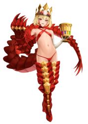 Rule 34 | 1girl, absurdres, ahoge, bikini, blonde hair, braid, breasts, criss-cross halter, crown, dragon claw, dragon tail, elbow gloves, facial mark, fate/grand order, fate/grand order arcade, fate (series), french braid, full body, gloves, hair bun, hair intakes, hair ribbon, halterneck, highres, long hair, looking at viewer, navel, nero claudius (fate), nero claudius (fate) (all), open mouth, queen draco (fate), queen draco (second ascension) (fate), red bikini, red eyes, red ribbon, ribbon, scales, single hair bun, small breasts, smile, solo, swimsuit, tail, white gloves, yamaneko (tkdrumsco)