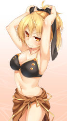 Rule 34 | 1girl, adapted costume, adjusting hair, armpits, arms up, asutora, bare arms, bare shoulders, bikini, bikini top only, black bikini, black bow, blonde hair, blush, bow, breasts, brown skirt, closed mouth, collarbone, comic, cowboy shot, from behind, hair bow, highres, kurodani yamame, large breasts, looking at viewer, looking up, orange eyes, ponytail, sarong, skirt, smile, smirk, solo, standing, stomach, swimsuit, thighhighs, touhou, tying hair