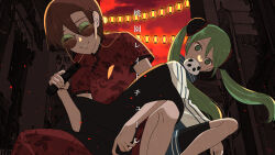 Rule 34 | 2girls, black shorts, brown hair, bun cover, china dress, chinese clothes, closed eyes, double bun, dress, eyelashes, floral print, green eyes, green hair, gun, hair between eyes, hair bun, hatsune miku, highres, holding, holding gun, holding weapon, jacket, lantern, long hair, looking at viewer, meiko (vocaloid), multiple girls, outdoors, paper lantern, red sky, short hair, shorts, sky, smile, squatting, sunglasses, tolly, track jacket, translation request, twintails, vocaloid, weapon, wind, wind lift