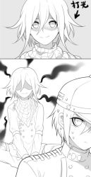 Rule 34 | 2boys, arrow (symbol), buttons, closed mouth, danganronpa (series), danganronpa v3: killing harmony, double-breasted, grey background, greyscale, hair between eyes, hat, indian style, jacket, long sleeves, monochrome, multiple boys, no eyes, oma kokichi, qiao xing, saihara shuichi, scarf, shaded face, simple background, sitting, smile, staring, striped clothes, striped scarf, sweat, translation request