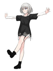 Rule 34 | 1girl, :3, balancing, bang dream!, bang dream! it&#039;s mygo!!!!!, black footwear, blue eyes, blush, closed mouth, commentary request, fukumaru1021, heterochromia, highres, kaname raana, layered sleeves, long sleeves, medium hair, outstretched arms, short over long sleeves, short sleeves, shorts, simple background, smile, solo, standing, standing on one leg, white background, white hair, white shorts, yellow eyes