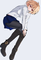 Rule 34 | 1girl, arcueid brunestud, black footwear, black pantyhose, blonde hair, blue skirt, boots, citron80citron, full body, grey background, highres, looking at viewer, own hands together, pantyhose, red eyes, short hair, simple background, skirt, smile, solo, sweater, tsukihime, tsukihime (remake), white sweater