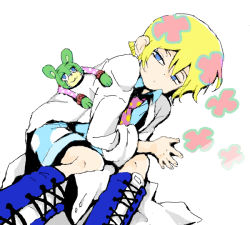 Rule 34 | 00s, 1boy, androgynous, bear, blonde hair, boots, child, closed mouth, dutch angle, eyelashes, half-closed eyes, irabu ichirou, jitome, kuuchuu buranko, lab coat, looking at viewer, lying, male focus, multicolored hair, necktie, pink hair, polka dot, shorts, simple background, solo, togetsuhou, white background