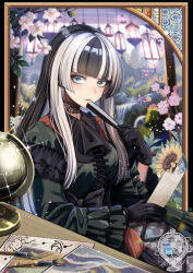 Rule 34 | 1girl, black border, black choker, black gloves, black hair, blue eyes, blunt bangs, border, cherry blossoms, choker, dress, flower, folding fan, globe, gloves, hand fan, highres, holding, holding paper, hololive, hololive dev is, juufuutei raden, lace, lace choker, long hair, looking at viewer, multicolored hair, outside border, paintbrush, paper, ribbon, sitting, smile, solo, streaked hair, tiprip kk, two-tone hair, virtual youtuber