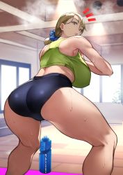 Rule 34 | 1girl, absurdres, ass, bent over, blonde hair, bottle, breasts, buruma, commentary, from behind, hair ornament, hair scrunchie, highres, large breasts, looking at viewer, mature female, medium hair, original, parted lips, scrunchie, short ponytail, solo, steam, steaming body, surprised, sweat, tank top, water bottle, wooden floor, yellow eyes, yoshio (55level)