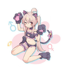 Rule 34 | 1girl, ;), absurdres, ahoge, animal ear fluff, animal ears, animal hands, bare shoulders, bell, black bra, black choker, black panties, blonde hair, blush stickers, bow, bra, bridal garter, brown eyes, cat cutout, cat ears, cat lingerie, cat tail, choker, cleavage cutout, clothing cutout, commentary, frilled bra, frilled choker, frilled panties, frills, full body, gloves, groin, highres, jingle bell, legs, long hair, looking at viewer, male-female symbol, mars symbol, meme attire, midriff, navel, one eye closed, onii-chan wa oshimai!, oyama mahiro, panties, paw gloves, paw pose, paw shoes, pink bow, r1zen, simple background, sitting, smile, solo, strap slip, tail, tail bell, tail bow, tail ornament, twintails, underwear, underwear only, venus symbol, wariza
