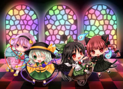 Rule 34 | 4girls, animal ears, aqua hair, asymmetrical footwear, bird wings, black hair, black hat, blouse, blunt bangs, bow, cape, cat ears, cat girl, cat tail, center frills, checkered floor, chibi, chireiden, colored eyelashes, dress, female focus, frilled sleeves, frills, green eyes, hair bow, hands in opposite sleeves, hat, hat ribbon, heart, kaenbyou rin, komeiji koishi, komeiji satori, leg ribbon, long hair, looking at viewer, mismatched footwear, multiple girls, multiple hair bows, multiple tails, one eye closed, open mouth, outstretched arms, pink eyes, pink hair, puffy short sleeves, puffy sleeves, red eyes, red hair, reiuji utsuho, ribbon, shiratama (mofutto), shirt, short hair, short sleeves, skirt, smile, spread arms, stained glass, star (symbol), star print, tail, third eye, touhou, twintails, v-shaped eyebrows, wheelbarrow, window, wings