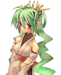 Rule 34 | 1girl, bad id, bad pixiv id, blush, breasts, detached sleeves, green hair, ju-zika, long hair, looking at viewer, original, pointy ears, red eyes, simple background, smile, solo, very long hair, white background
