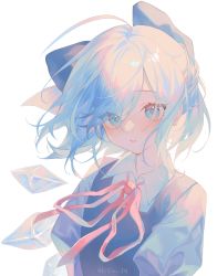 Rule 34 | 1girl, absurdres, ahoge, artist name, blue bow, blue dress, blue eyes, blush, bow, cirno, dress, eyes visible through hair, flat chest, hair bow, highres, ice, ice wings, kiriyume 514, looking at viewer, medium hair, neck ribbon, parted lips, puffy short sleeves, puffy sleeves, red ribbon, ribbon, shirt, short sleeves, simple background, solo, swept bangs, teeth, touhou, upper body, white background, white shirt, wind, wing collar, wings