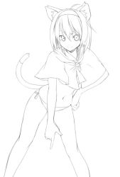 Rule 34 | 1girl, ahoge, alice margatroid, animal ears, ascot, bare legs, capelet, cat ears, cat tail, closed mouth, commentary request, greyscale, hair between eyes, hairband, hand on own hip, kemonomimi mode, legs apart, looking at viewer, monochrome, navel, nirap, no pants, panties, pointing, pointing down, short hair, side-tie panties, simple background, smile, solo, standing, stomach, tail, touhou, underwear, white background