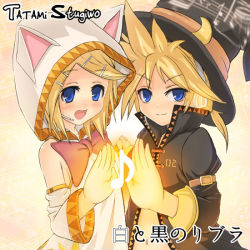 Rule 34 | 1boy, 1girl, animal ears, animal hood, black mage (final fantasy), blonde hair, blue eyes, blush, brother and sister, cat ears, cat hood, detached sleeves, final fantasy, hair ornament, hairclip, halloween, hat, hood, kagamine len, kagamine rin, magic, mitsuki yuuya, musical note, open mouth, ponytail, quaver, siblings, smile, smirk, spiked hair, translation request, twins, vocaloid, white mage (final fantasy), witch hat, wizard