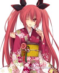 Rule 34 | 1girl, ;p, black ribbon, candy, cowboy shot, date a live, floral print, flower, food, hair between eyes, hair ribbon, hibiki mio, holding, holding candy, holding food, holding lollipop, itsuka kotori, japanese clothes, kimono, lollipop, long hair, obi, one eye closed, pink flower, red hair, red kimono, ribbon, sash, simple background, solo, standing, tongue, tongue out, twintails, very long hair, white background, yukata
