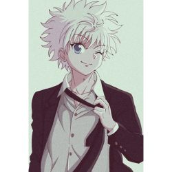 Rule 34 | 1boy, absurdres, blue eyes, closed mouth, commentary, commentary request, enoki (gongindon), highres, hunter x hunter, killua zoldyck, long sleeves, looking at viewer, male focus, necktie, one eye closed, short hair, simple background, smile, solo, spiked hair, upper body, white hair