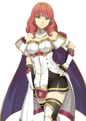 Rule 34 | 1girl, absurdres, black thighhighs, boots, breasts, cape, celica (fire emblem), cowboy shot, detached collar, dress, earrings, elbow gloves, fingerless gloves, fire emblem, fire emblem echoes: shadows of valentia, gloves, gozaru, hand on own hip, highres, jewelry, lips, long hair, looking at viewer, medium breasts, miniskirt, nintendo, pelvic curtain, red eyes, red hair, simple background, skirt, solo, thigh boots, thighhighs, tiara, white background, white dress, white footwear, wrist guards, zettai ryouiki