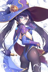 Rule 34 | 1girl, ass, black gloves, black hair, black pantyhose, blue eyes, blue hat, blue leotard, breasts, cape, cowboy shot, detached sleeves, from behind, genshin impact, gloves, gold trim, hat, highleg, highleg leotard, highres, leotard, long hair, long sleeves, looking at viewer, looking back, mona (genshin impact), pantyhose, seero, small breasts, solo, standing, twintails, very long hair, witch hat
