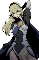 Rule 34 | 1girl, absurdres, arm behind head, arm up, armor, armored dress, black shirt, blonde hair, blue cape, breasts, cape, clothing cutout, collared shirt, commentary, corrin (female) (fire emblem), corrin (fire emblem), cowboy shot, english commentary, eyelashes, fire emblem, fire emblem fates, hair between eyes, hair ornament, hairband, highres, juliet sleeves, kuno (runkunochan), long hair, long sleeves, medium breasts, nintendo, parted lips, puffy sleeves, red eyes, shirt, sidelocks, simple background, slit pupils, soejima shigenori (style), solo, thigh cutout, twitter username, white background