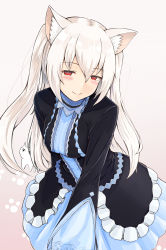 Rule 34 | 1girl, animal ear fluff, animal ears, black dress, blush, cat, cat ears, closed mouth, dress, empty eyes, eyebrows, frilled dress, frills, gradient background, hair between eyes, highres, long hair, long sleeves, looking at viewer, nora cat, nora cat channel, paw print, red eyes, smile, solo, straight hair, temari rin, two side up, virtual youtuber, white hair