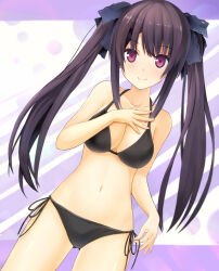 Rule 34 | 1girl, alternate costume, alternate hairstyle, ao no kanata no four rhythm, arm at side, bare arms, bikini, black bikini, black hair, black ribbon, blush, breasts, cleavage, closed mouth, collarbone, commentary request, cowboy shot, dutch angle, hair between eyes, hair ornament, hair ribbon, halterneck, hand on own chest, holding, holding ribbon, large breasts, long hair, looking at viewer, navel, purple background, purple eyes, ribbon, side-tie bikini bottom, sidelocks, simple background, smile, solo, standing, swimsuit, tobisawa misaki, twintails, two-tone background, very long hair, white background, x hair ornament, xiexianglg