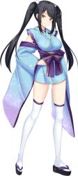 Rule 34 | 1girl, artwhirl mahou gakuen no otome-tachi, black hair, blue kimono, blue sleeves, closed mouth, detached sleeves, full body, hair bobbles, hair ornament, highres, japanese clothes, kimono, len (artwhirl), long hair, long sleeves, looking at viewer, red eyes, short kimono, sleeveless, sleeveless kimono, smile, solo, standing, swept bangs, tabi, tachi-e, thighhighs, transparent background, twintails, very long hair, white thighhighs, wide sleeves, zettai ryouiki, zinno