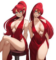 Rule 34 | 1girl, bare arms, bare shoulders, breasts, collarbone, commission, covered navel, crossed legs, dress, green eyes, high ponytail, highres, large breasts, long hair, looking at viewer, multiple views, nico-mo, parted lips, plunging neckline, pyrrha nikos, red dress, red hair, rwby, side slit, simple background, stool, thighs, tiara, very long hair, white background