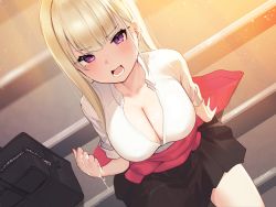 Rule 34 | 1girl, bag, blush, breasts, cardigan, cardigan around waist, cleavage, clothes around waist, covered erect nipples, cum, cum on body, cum on breasts, cum on hands, cum on upper body, dutch angle, earrings, fang, gyaru, hayabusa (vert 320), highres, jewelry, large breasts, light particles, looking at viewer, mole, mole under eye, nail polish, no bra, non-web source, open mouth, original, partially unbuttoned, platinum blonde hair, pleated skirt, purple eyes, school bag, school uniform, single sidelock, sitting, skin fang, skirt, sleeves rolled up, slit pupils, solo, stairs