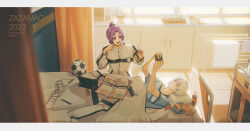 Rule 34 | 2boys, ball, bed, blue lock, book, candy, dated, day, eraser, food, grey eyes, hair between eyes, holding, holding pencil, indoors, jacket, lying, mikage reo, multiple boys, nagi seishirou, on back, open book, pencil, pencil case, purple eyes, purple hair, short sleeves, snack, soccer ball, soda, sunlight, tablet pc, towel rack, white hair, white jacket, window, window shadow, wrapped candy, zamao (zaza)