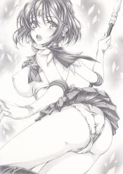 Rule 34 | 1girl, ass, bishoujo senshi sailor moon, blush, covered erect nipples, elbow gloves, gloves, graphite (medium), greyscale, legs, looking at viewer, looking back, mikuro, monochrome, open mouth, panties, pantyshot, polearm, sailor saturn, short hair, solo, spear, tomoe hotaru, traditional media, underwear, weapon