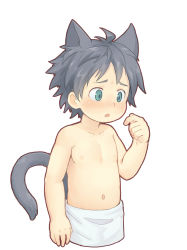 Rule 34 | 1boy, ahoge, animal ears, black hair, blush, bokustar fox, cat boy, cat ears, cat tail, green eyes, highres, male focus, navel, nipples, open mouth, original, topless male, simple background, solo, tail, towel around waist, white background