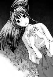 Rule 34 | 00s, 1girl, :d, fingernails, grass, greyscale, hakama, hakama skirt, hands on own chest, highres, inamori yuzuru, japanese clothes, kimono, long hair, looking at viewer, maria holic, miko, monochrome, open mouth, ponytail, skirt, smile, solo