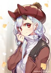 Rule 34 | 1girl, blush, brown jacket, closed mouth, commentary request, earrings, fake horns, fate/grand order, fate (series), fingernails, ginkgo leaf, ginkgo tree, hand up, hat, head tilt, hong (white spider), horned headwear, horns, jacket, jewelry, leaf, long hair, long sleeves, looking at viewer, oni, oni horns, open clothes, open jacket, red eyes, red hat, shirt, silver hair, smile, solo, stud earrings, tomoe gozen (fate), turtleneck, upper body, very long hair, white shirt
