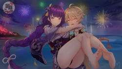 Rule 34 | 1boy, 1girl, :t, ^ ^, absurdres, aether (genshin impact), ahoge, barefoot, beach, blonde hair, blush, braid, carrying, closed eyes, feet, fireworks, genshin impact, hair ornament, half-closed eyes, highres, japanese clothes, kimono, kong ting, legs, low-braided long hair, low-tied long hair, night, night sky, ocean, open mouth, pout, princess carry, purple eyes, purple hair, raiden shogun, scarf, scenery, sky, thighs, toes, wide sleeves